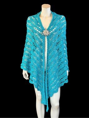 Vintage Hand-Crocheted Metallic TURQUOISE Triangle Festival Shawl | OSFM